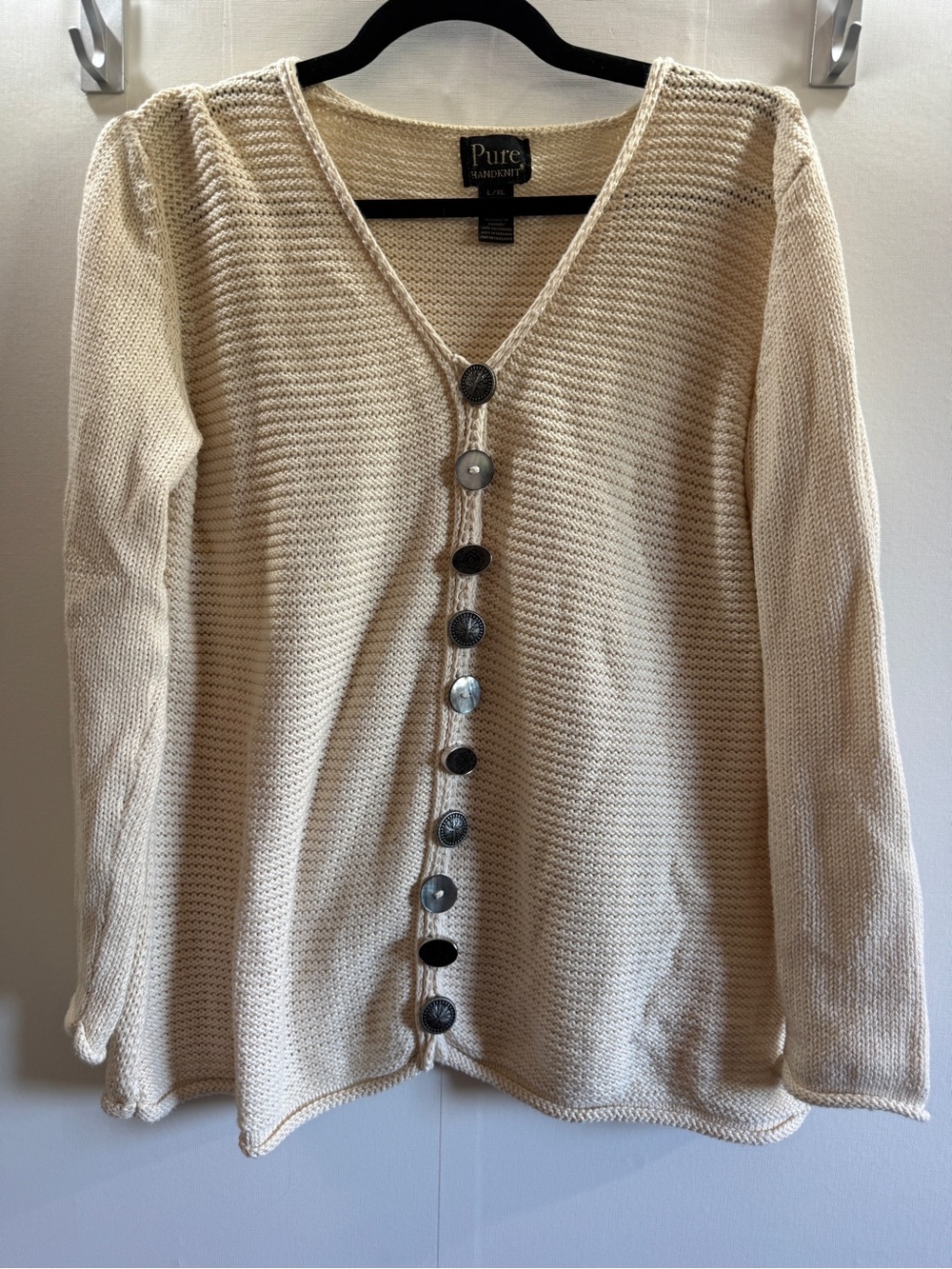Pure Handknit L/XL 100% Cotton Cardigan Cream Statement Button Knit Sweater